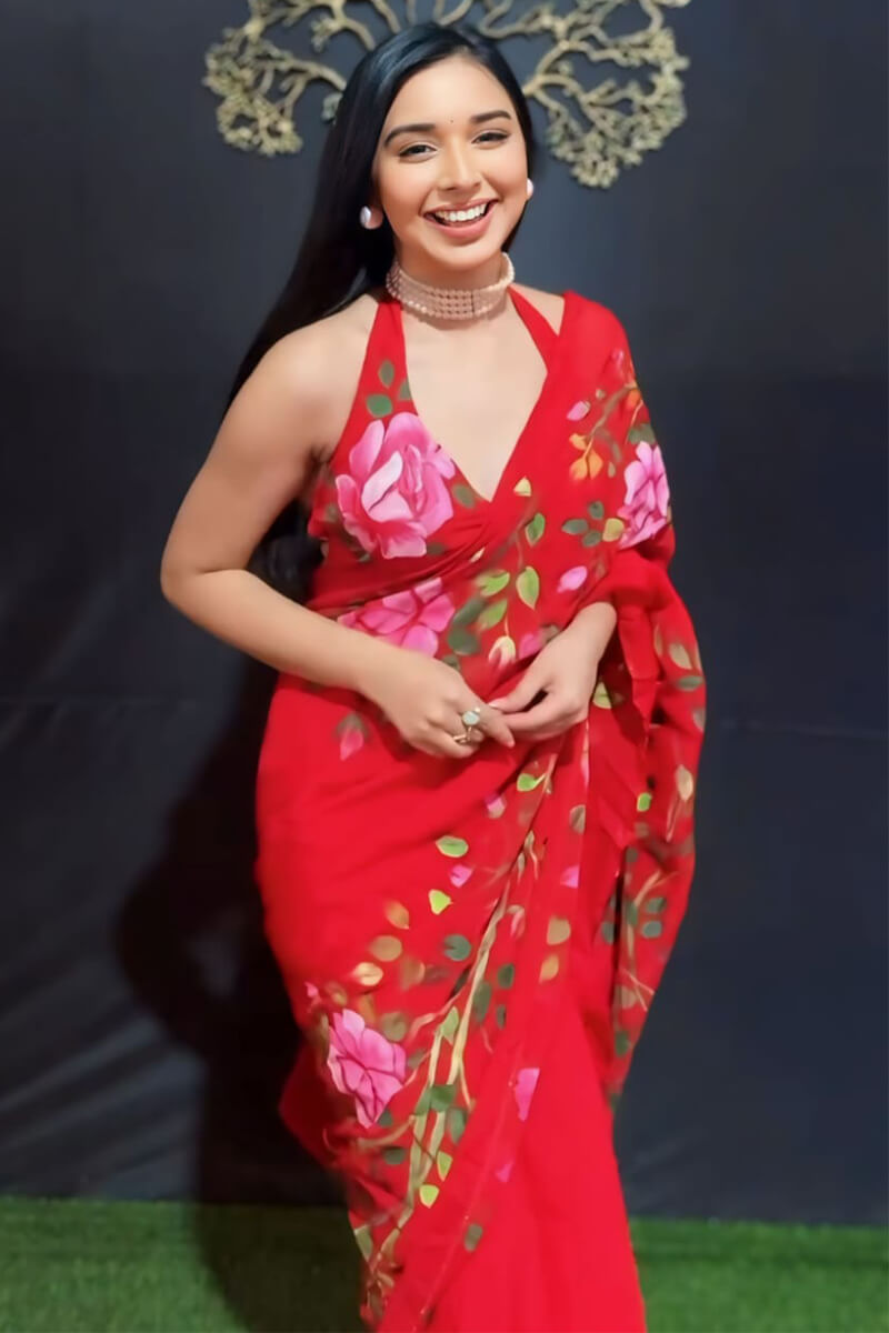 Bucolic 1-Minute Ready To Wear Red Georgette Saree - thelotusfab