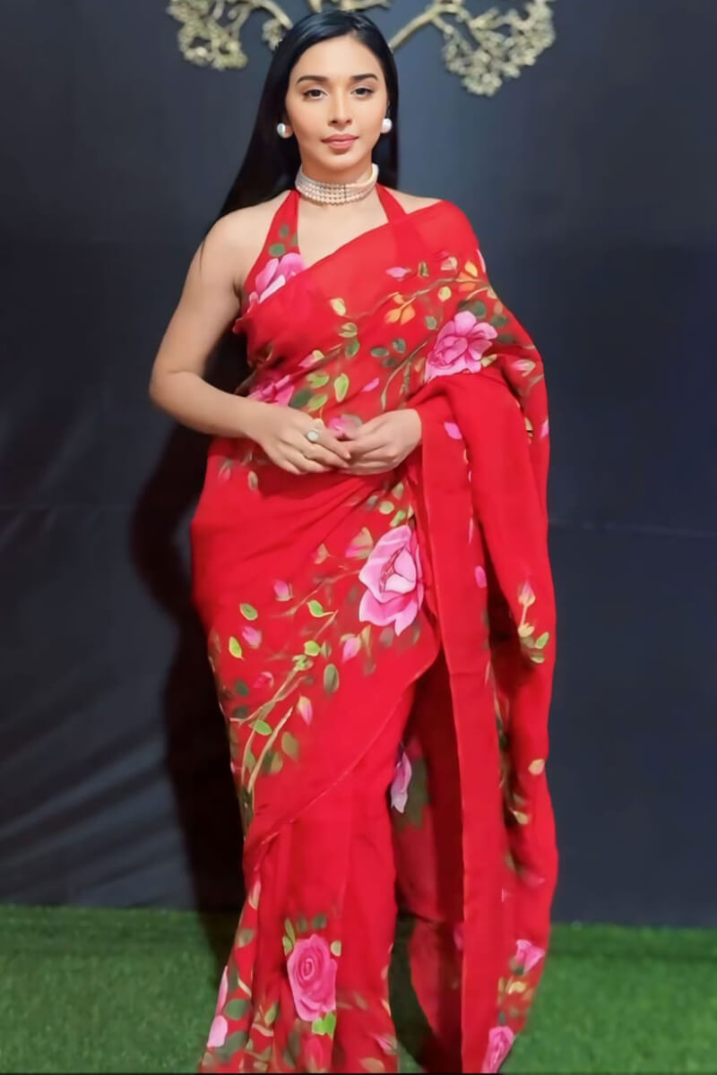 Bucolic 1-Minute Ready To Wear Red Georgette Saree - thelotusfab