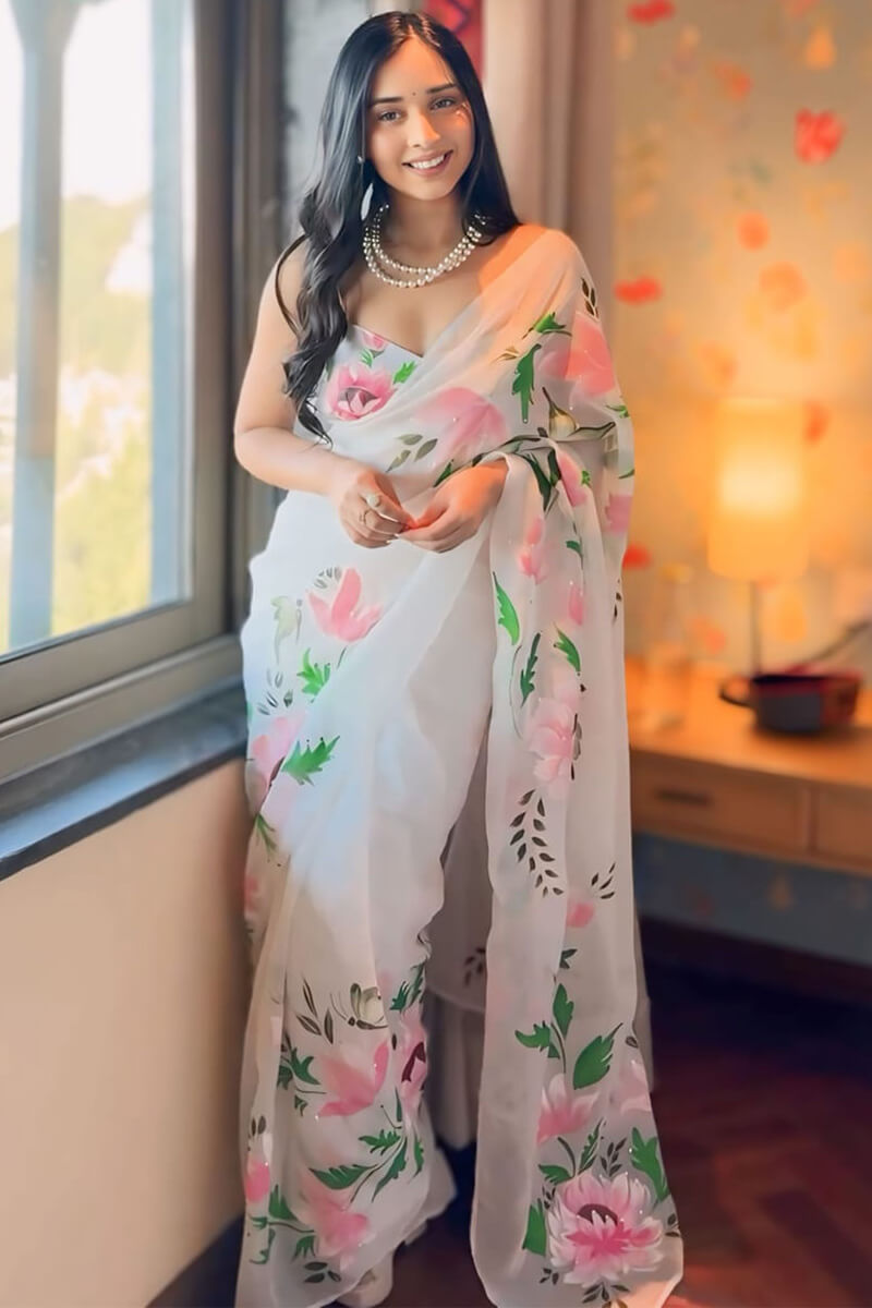 Artistic 1-Minute Ready To Wear Off White Organza Silk Saree - thelotusfab