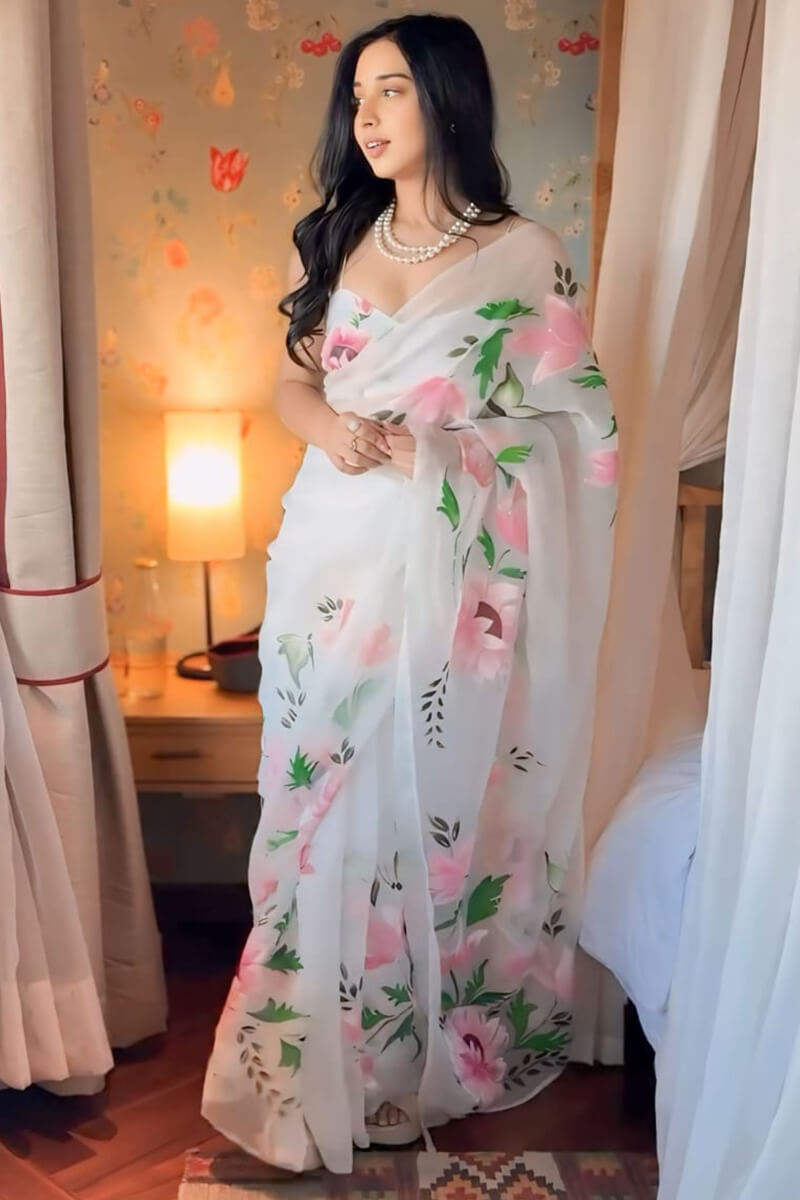 Artistic 1-Minute Ready To Wear Off White Organza Silk Saree - thelotusfab