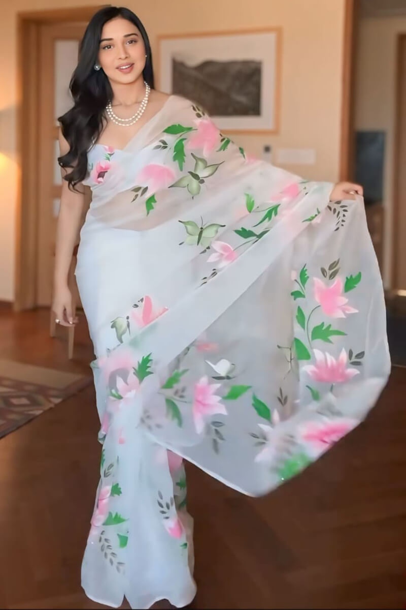 Artistic 1-Minute Ready To Wear Off White Organza Silk Saree - thelotusfab