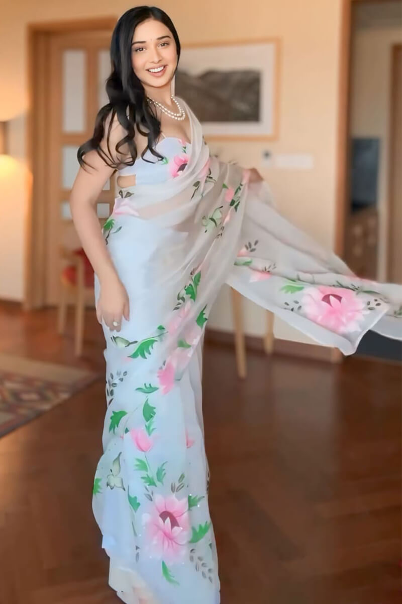 Artistic 1-Minute Ready To Wear Off White Organza Silk Saree - thelotusfab