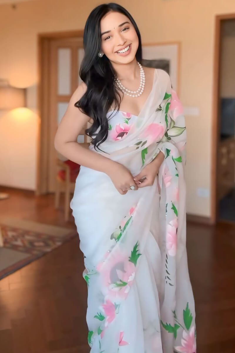 Artistic 1-Minute Ready To Wear Off White Organza Silk Saree - thelotusfab