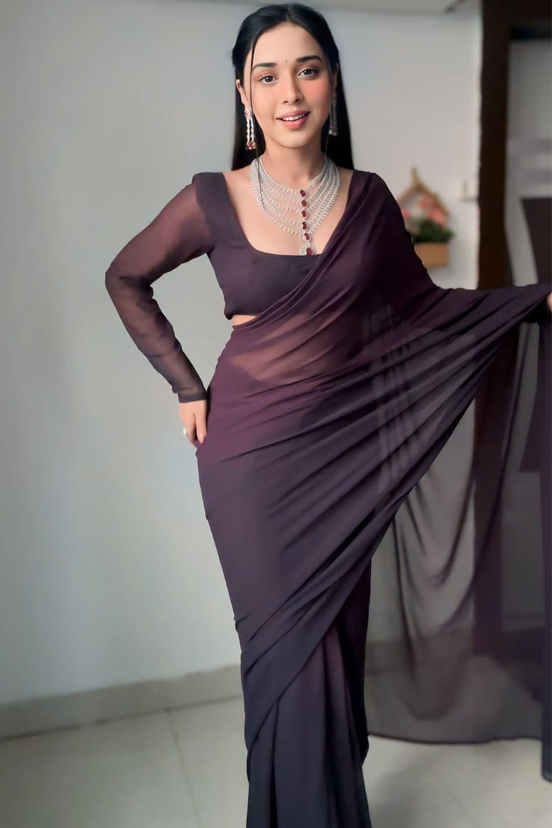 Tempting 1-Minute Ready To Wear Brown Georgette Saree - thelotusfab