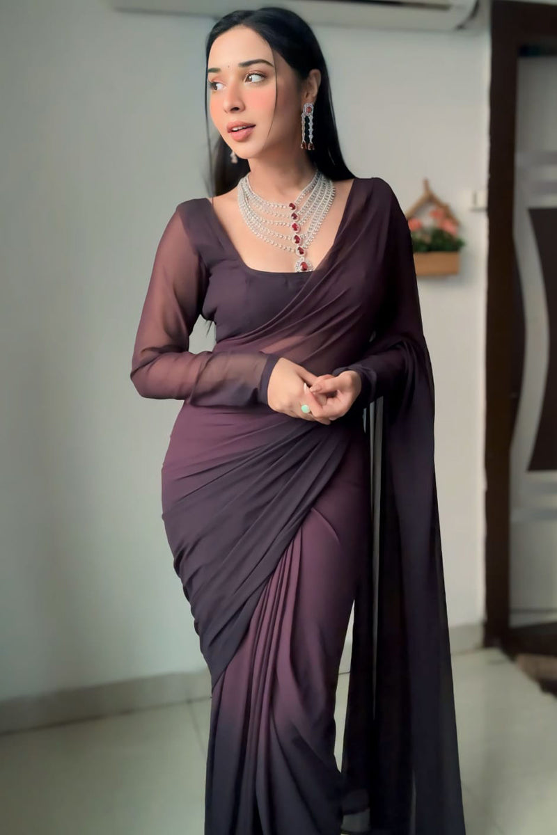 Tempting 1-Minute Ready To Wear Brown Georgette Saree - thelotusfab