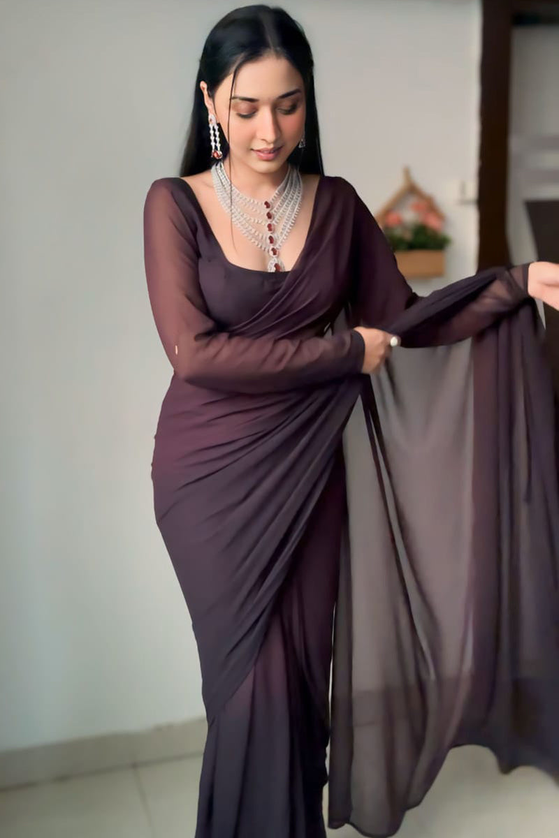 Tempting 1-Minute Ready To Wear Brown Georgette Saree - thelotusfab