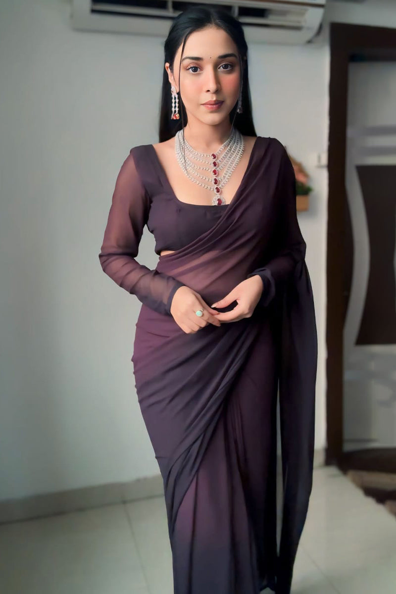 Tempting 1-Minute Ready To Wear Brown Georgette Saree - thelotusfab