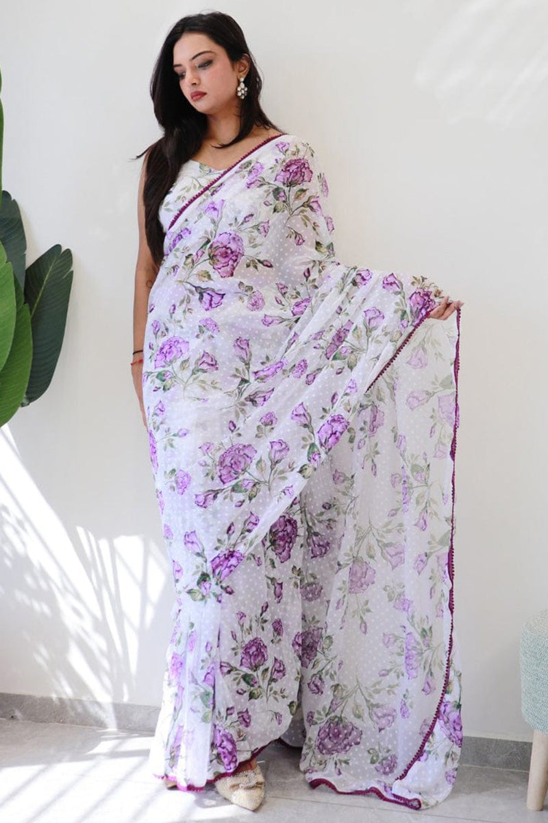 Seraglio 1-Minute Ready To Wear White Georgette Saree - thelotusfab