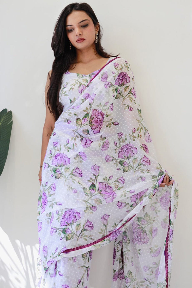 Seraglio 1-Minute Ready To Wear White Georgette Saree - thelotusfab