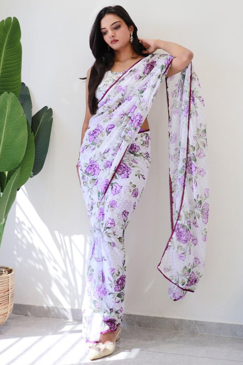 Seraglio 1-Minute Ready To Wear White Georgette Saree - thelotusfab