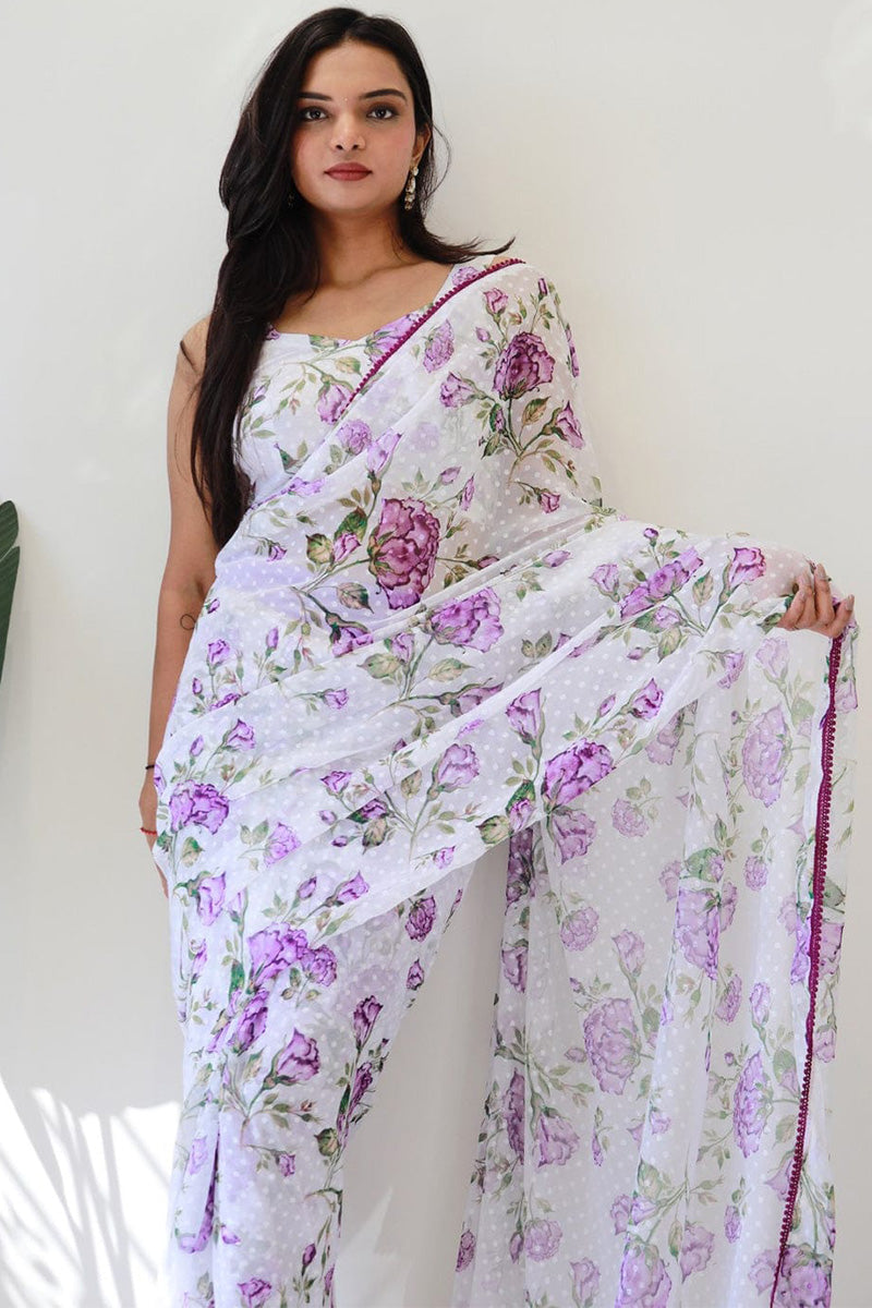 Seraglio 1-Minute Ready To Wear White Georgette Saree - thelotusfab