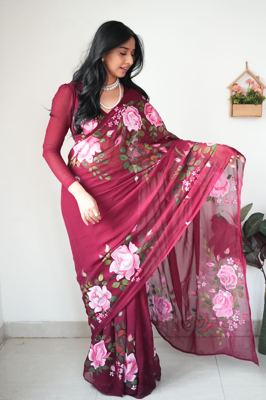 Gossamer 1-Minute Ready To Wear Maroon Georgette Saree - thelotusfab