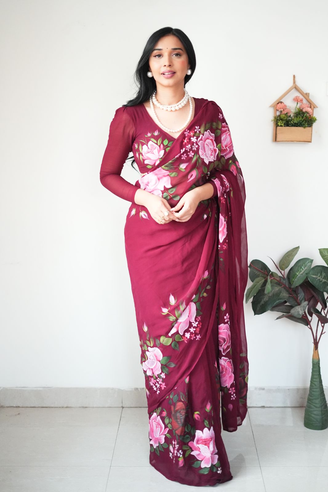 Gossamer 1-Minute Ready To Wear Maroon Georgette Saree - thelotusfab