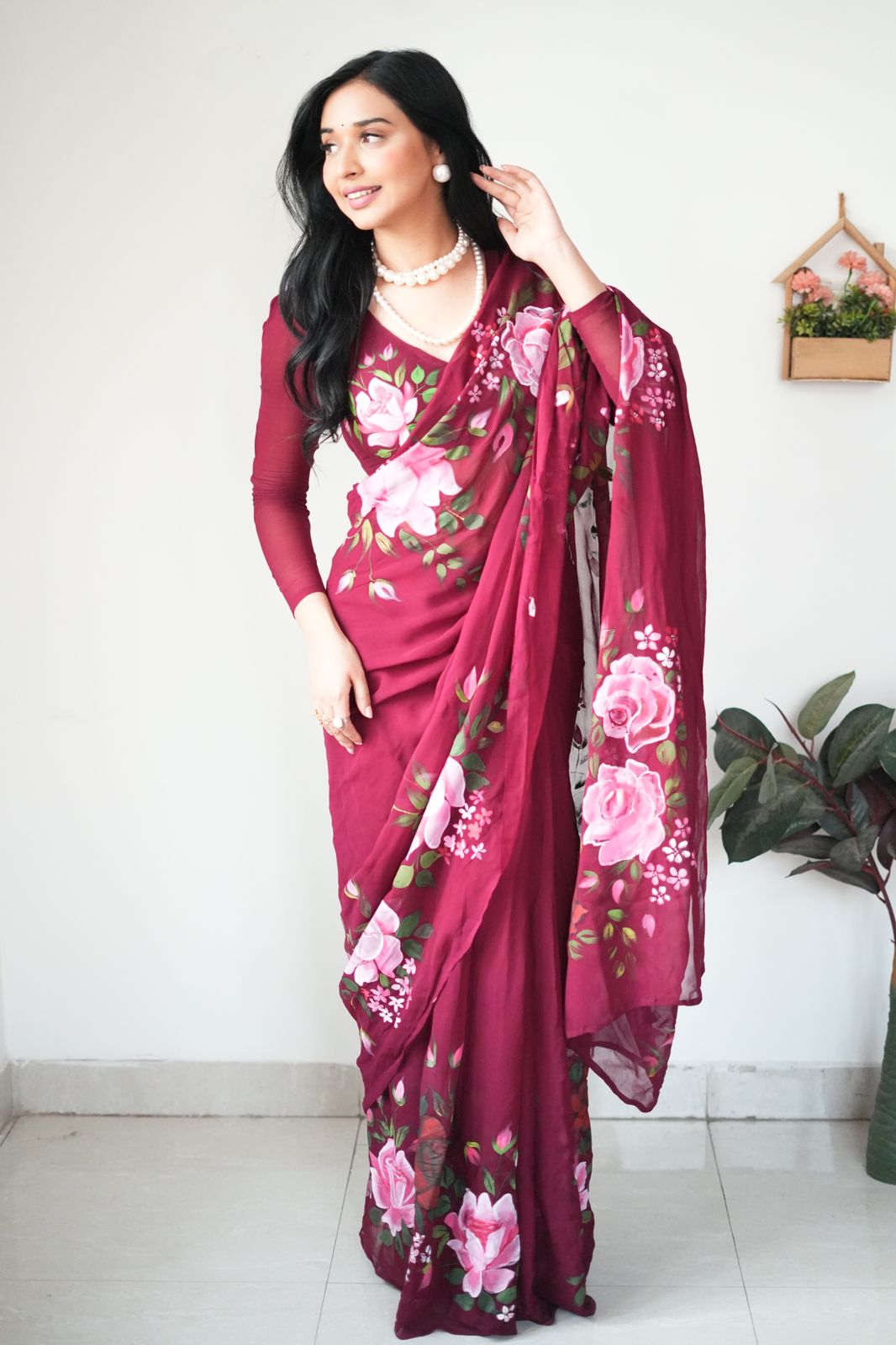 Gossamer 1-Minute Ready To Wear Maroon Georgette Saree - thelotusfab