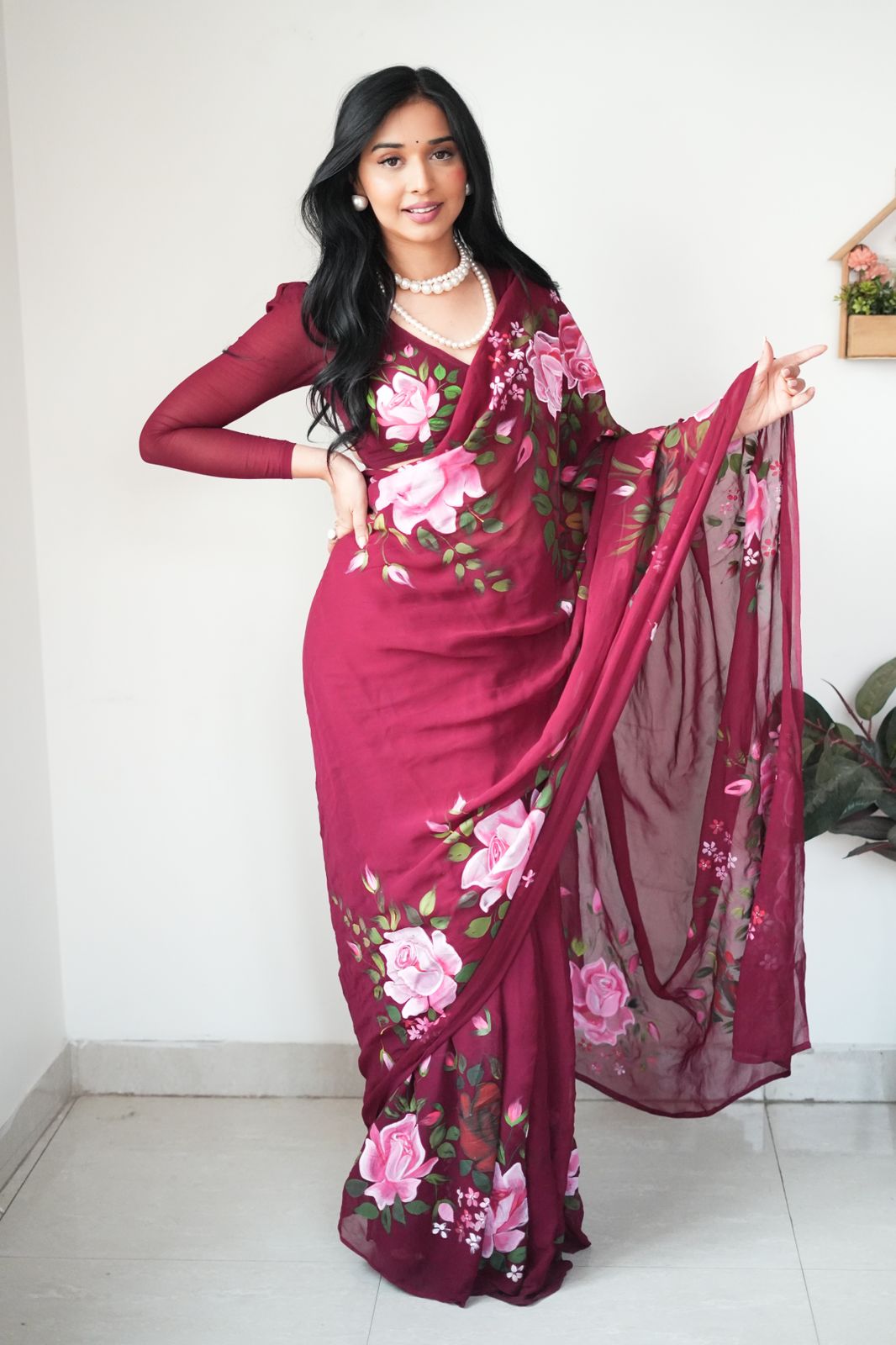 Gossamer 1-Minute Ready To Wear Maroon Georgette Saree - thelotusfab