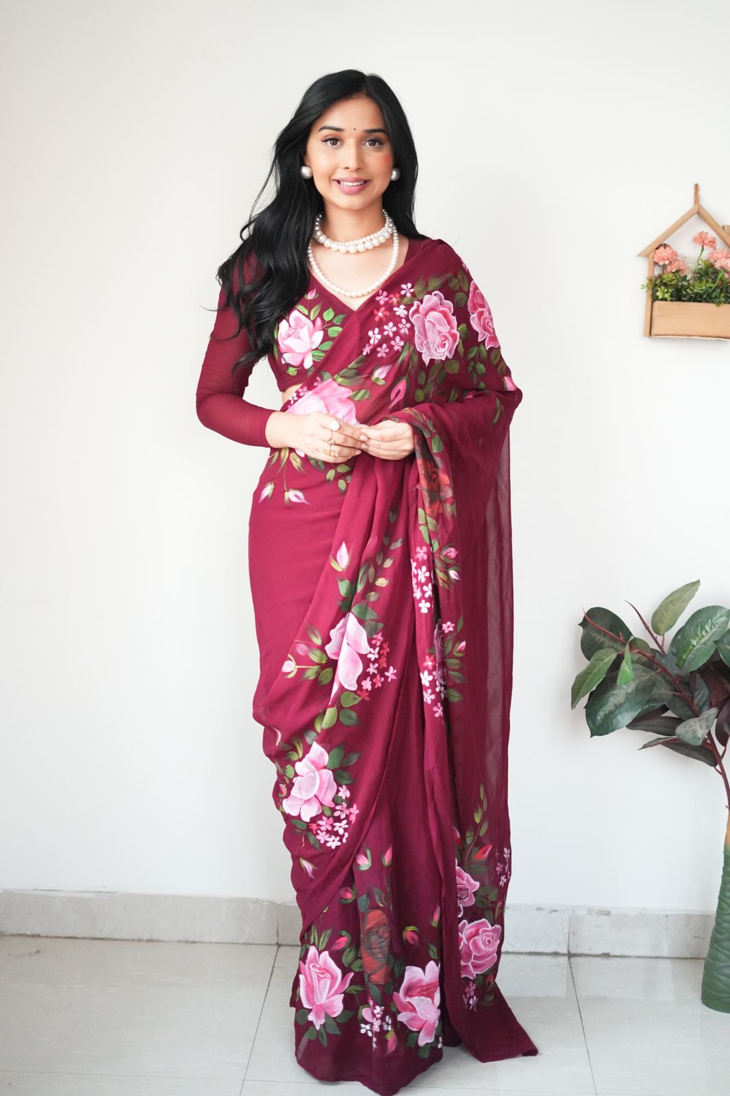 Gossamer 1-Minute Ready To Wear Maroon Georgette Saree - thelotusfab