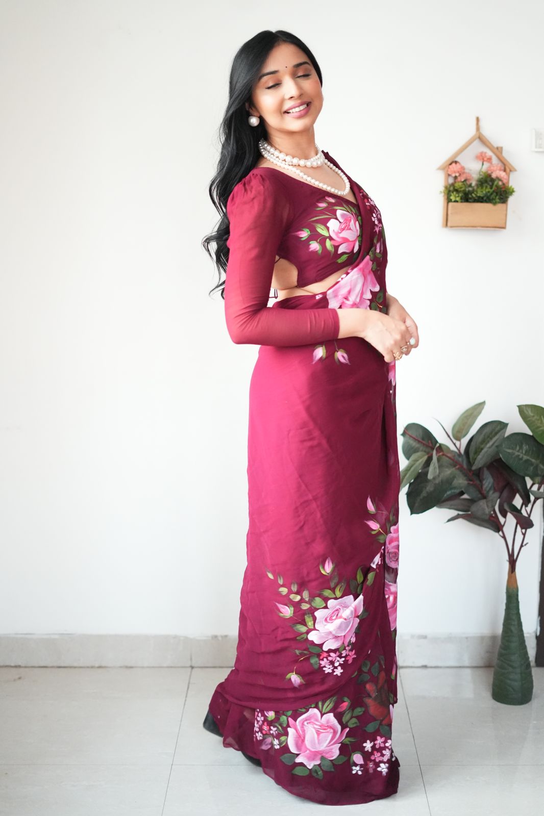 Gossamer 1-Minute Ready To Wear Maroon Georgette Saree - thelotusfab