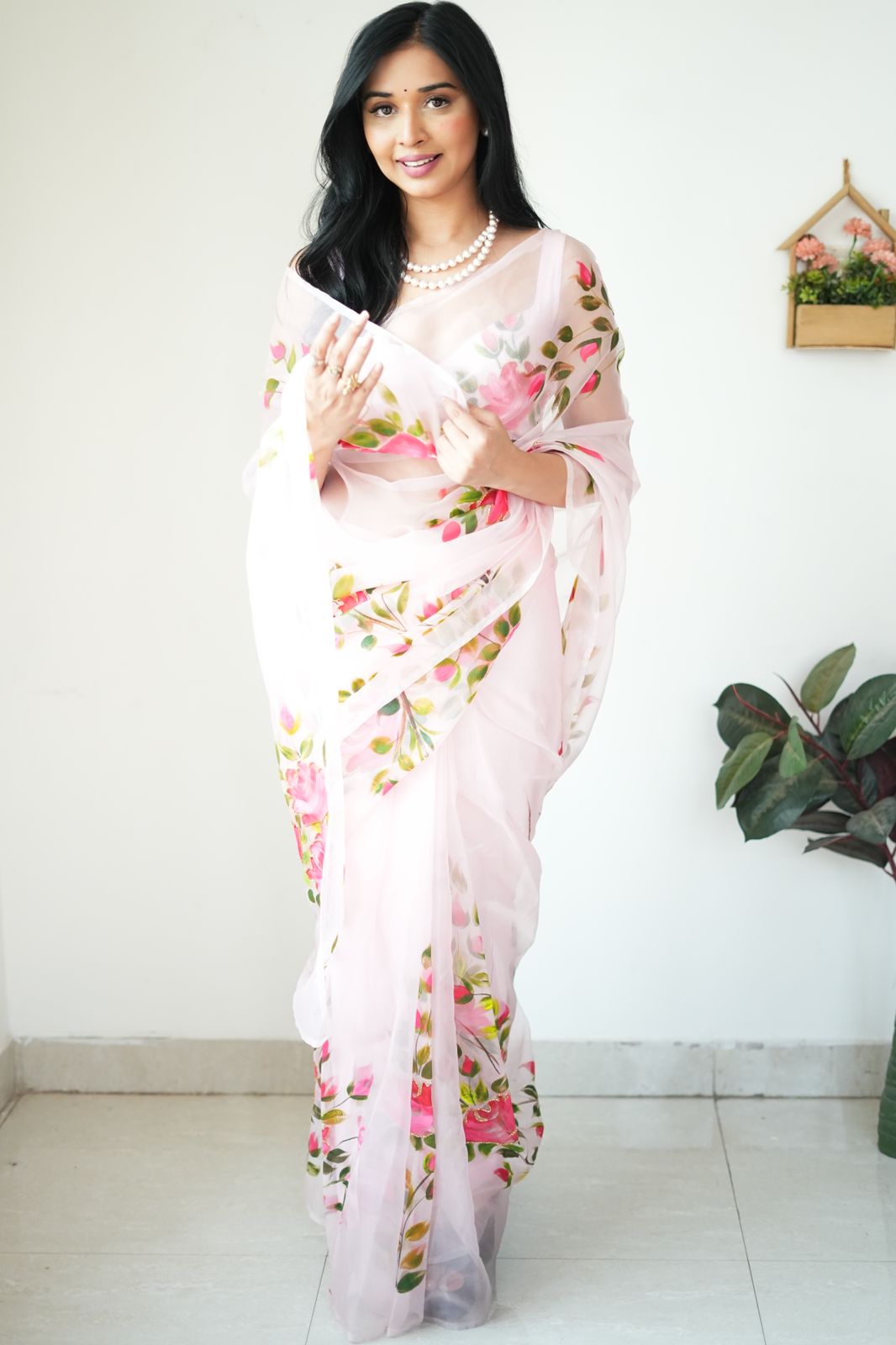 Ineffable 1-Minute Ready To Wear Baby Pink Organza Silk Saree - thelotusfab