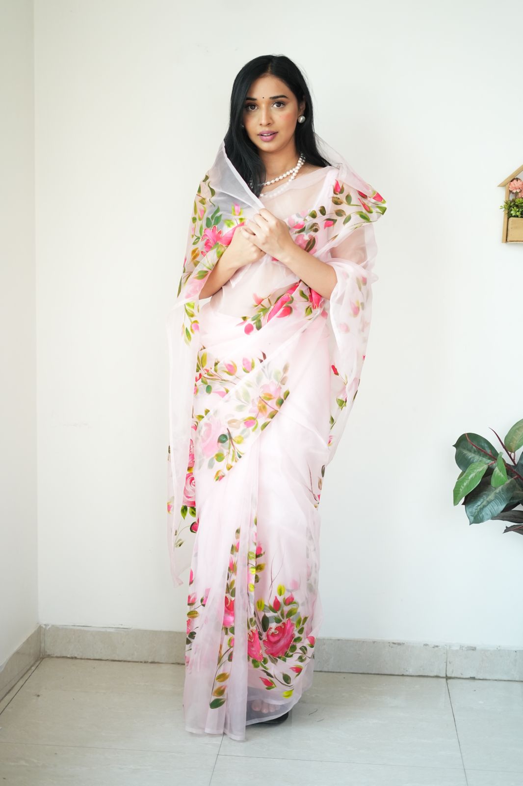 Ineffable 1-Minute Ready To Wear Baby Pink Organza Silk Saree - thelotusfab