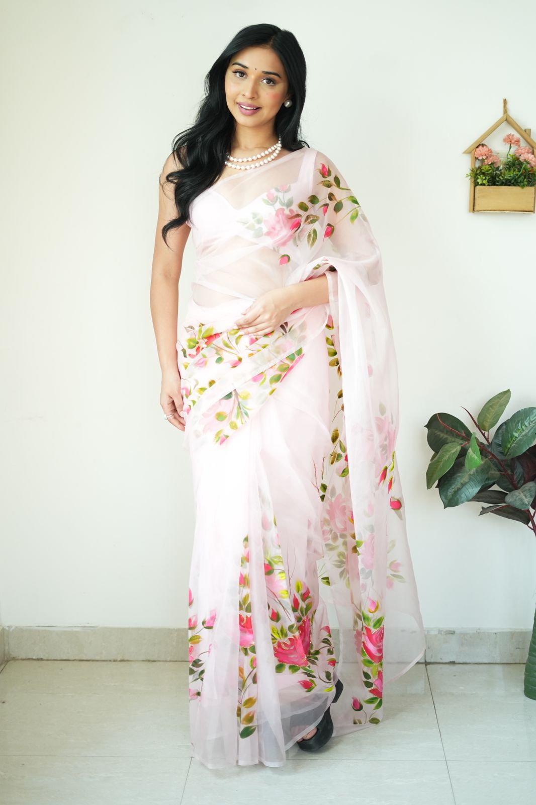 Ineffable 1-Minute Ready To Wear Baby Pink Organza Silk Saree - thelotusfab