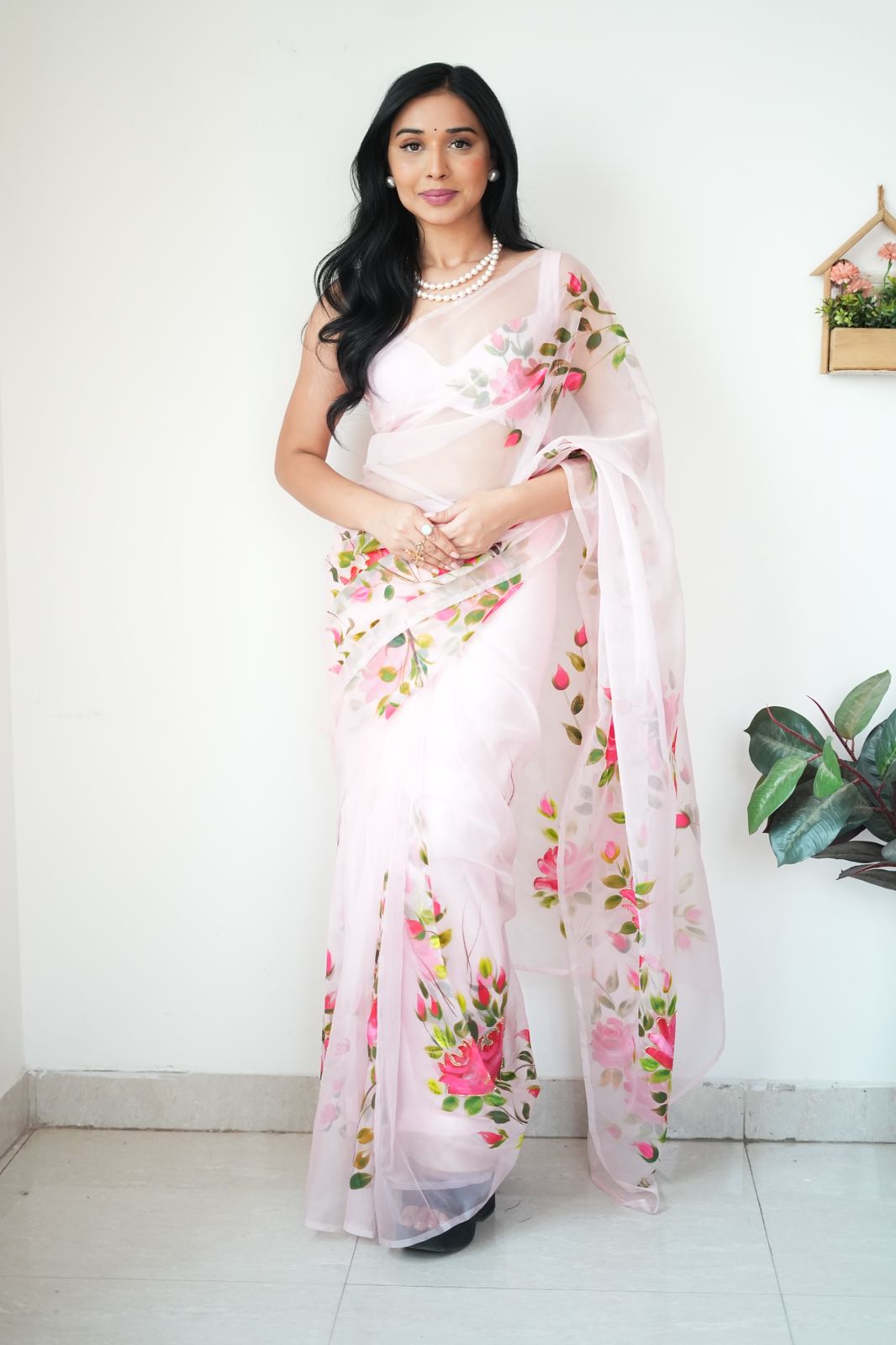 Ineffable 1-Minute Ready To Wear Baby Pink Organza Silk Saree - thelotusfab