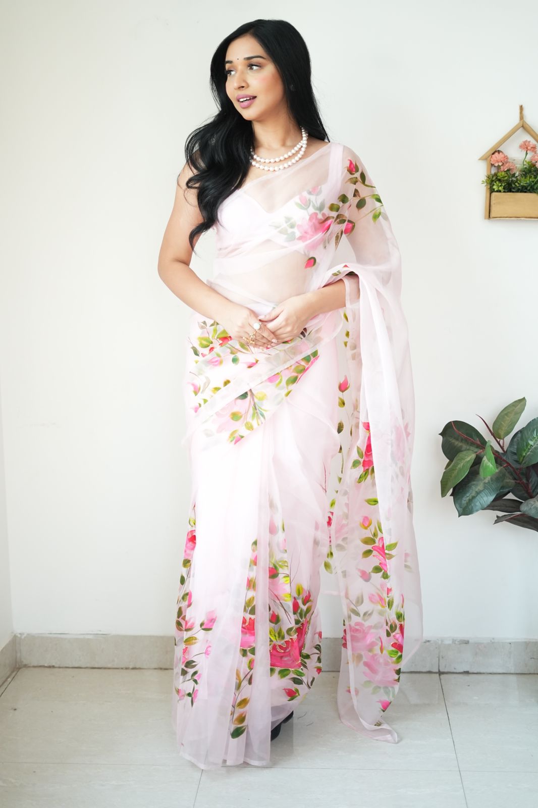 Ineffable 1-Minute Ready To Wear Baby Pink Organza Silk Saree - thelotusfab