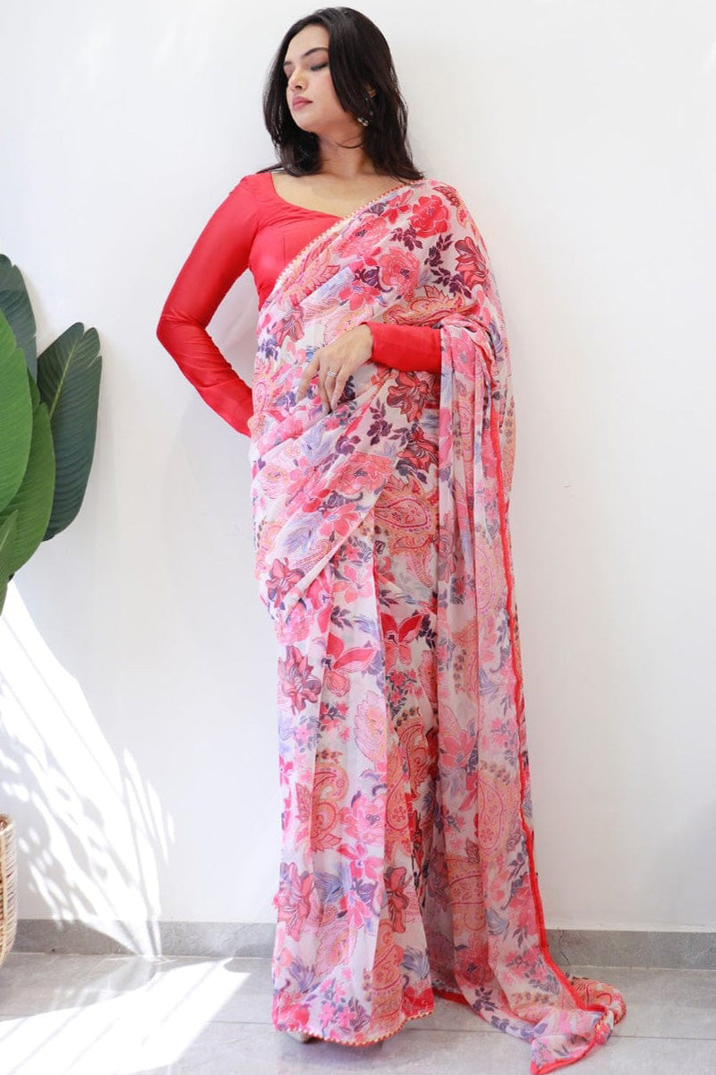 Magnificat 1-Minute Ready To Wear Pink Georgette Saree - thelotusfab