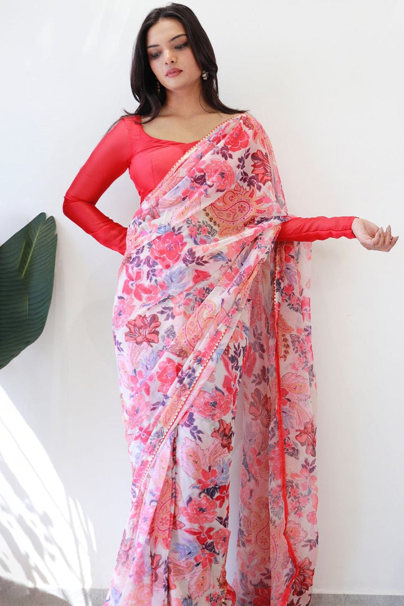 Magnificat 1-Minute Ready To Wear Pink Georgette Saree - thelotusfab