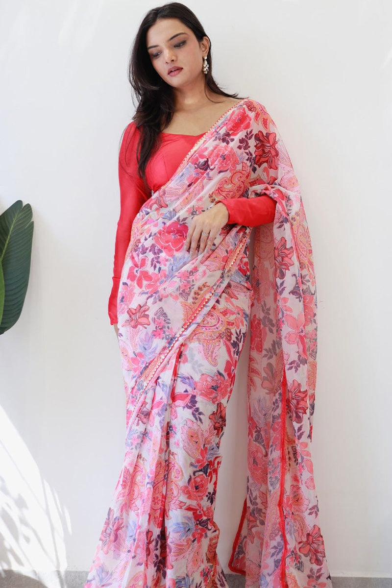 Magnificat 1-Minute Ready To Wear Pink Georgette Saree - thelotusfab