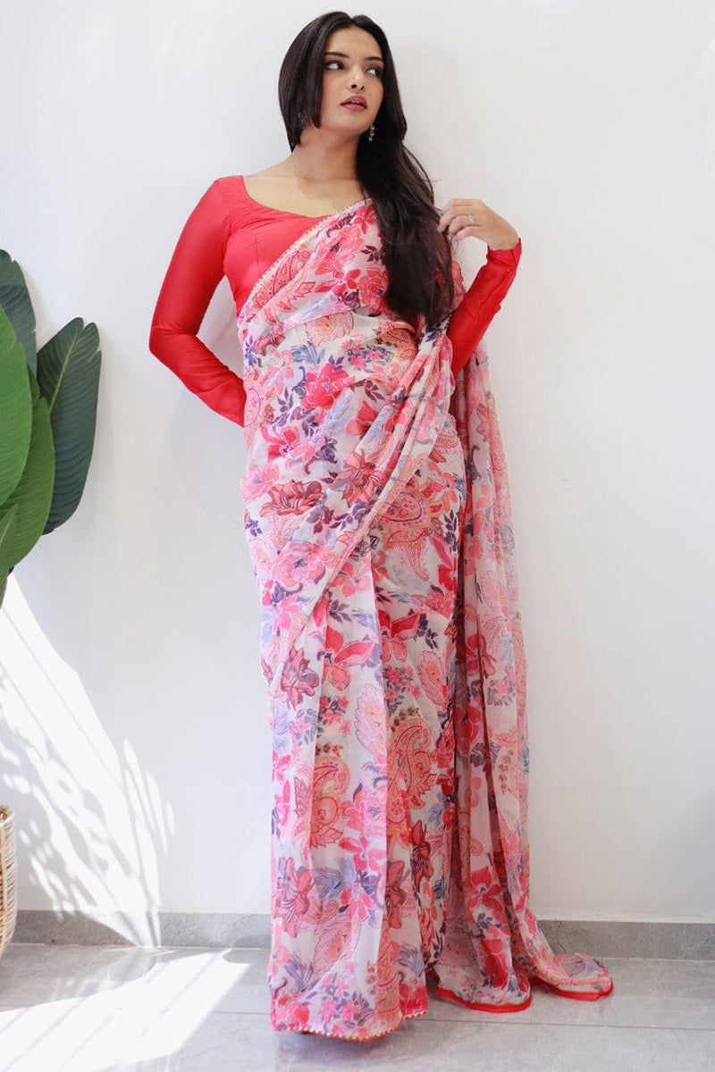 Magnificat 1-Minute Ready To Wear Pink Georgette Saree - thelotusfab