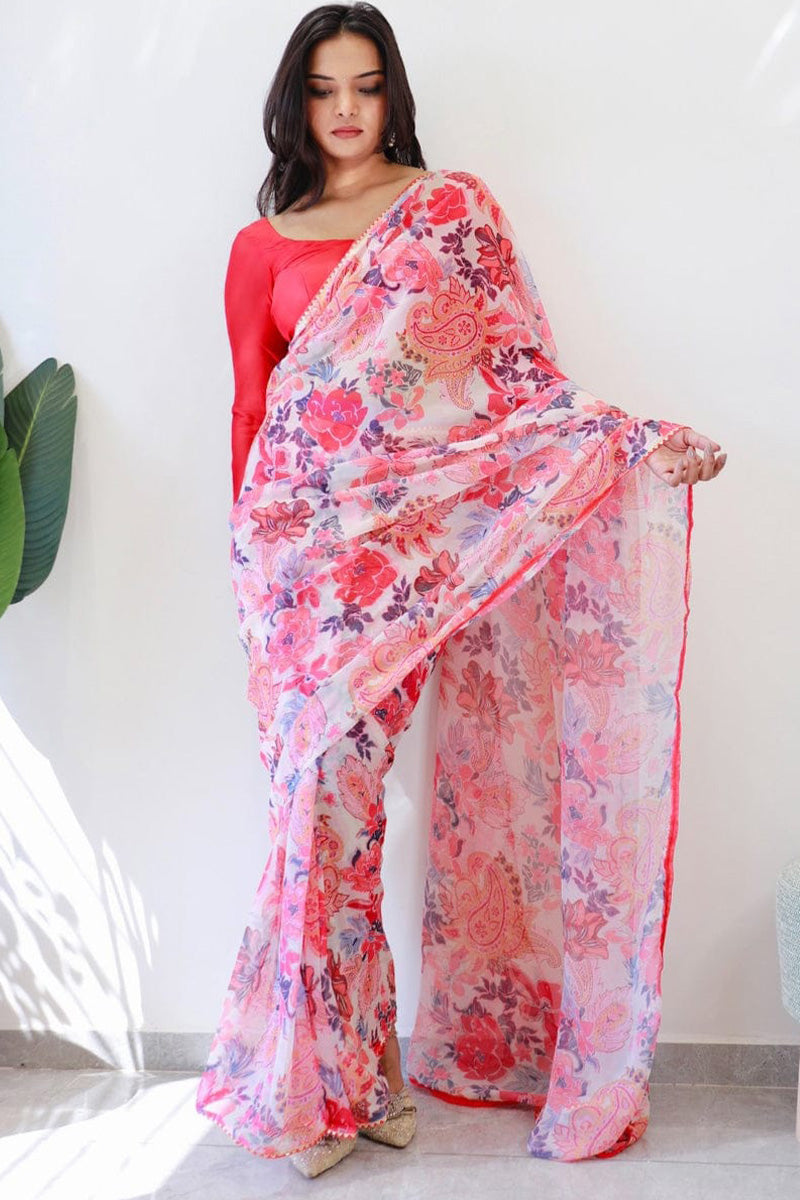 Magnificat 1-Minute Ready To Wear Pink Georgette Saree - thelotusfab