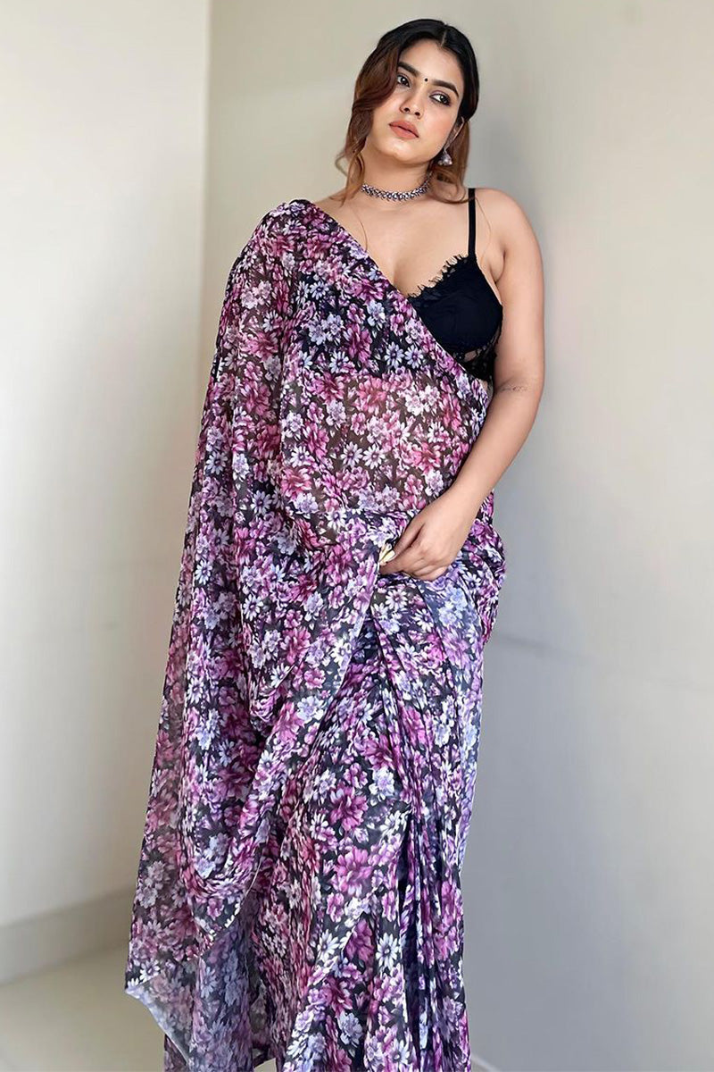 Petrichor 1-Minute Ready To Wear Purple Georgette Saree - thelotusfab