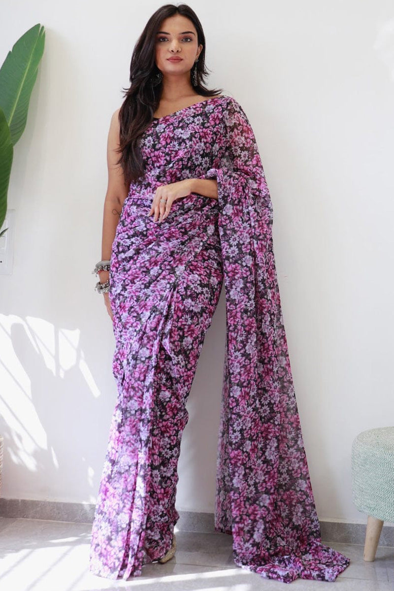 Petrichor 1-Minute Ready To Wear Purple Georgette Saree - thelotusfab