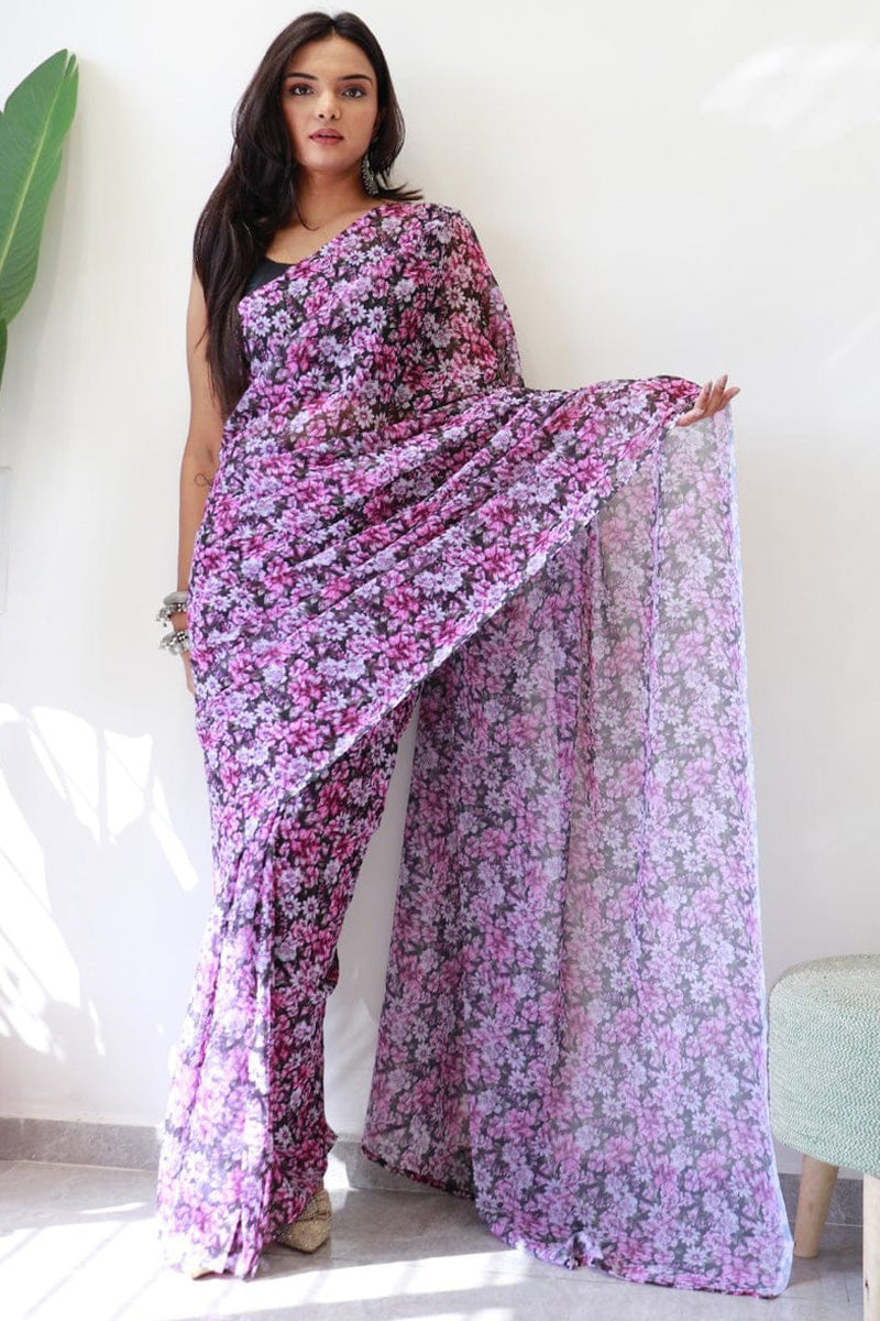 Petrichor 1-Minute Ready To Wear Purple Georgette Saree - thelotusfab