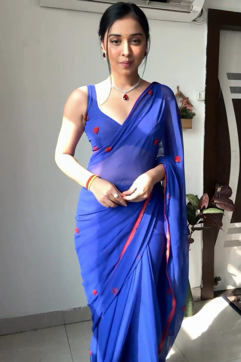 Whimsical 1-Minute Ready To Wear Blue Georgette Saree - thelotusfab