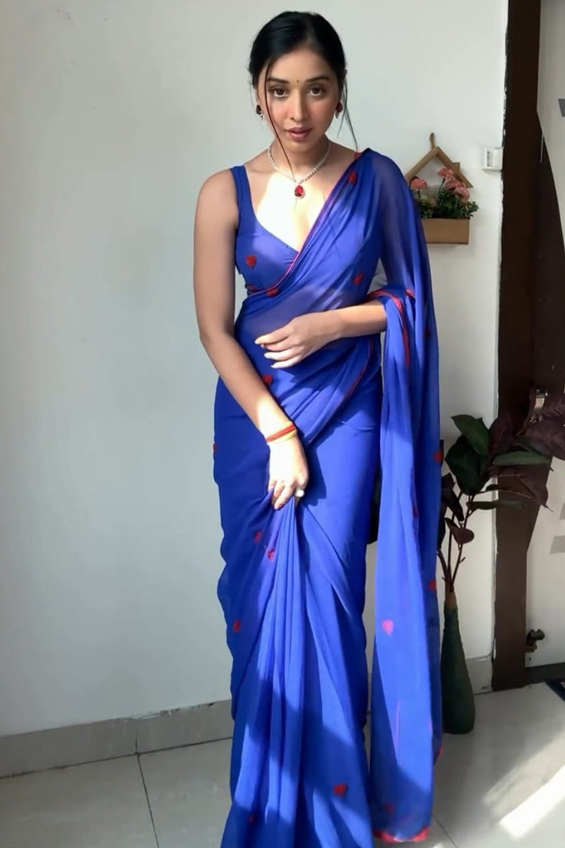 Whimsical 1-Minute Ready To Wear Blue Georgette Saree - thelotusfab