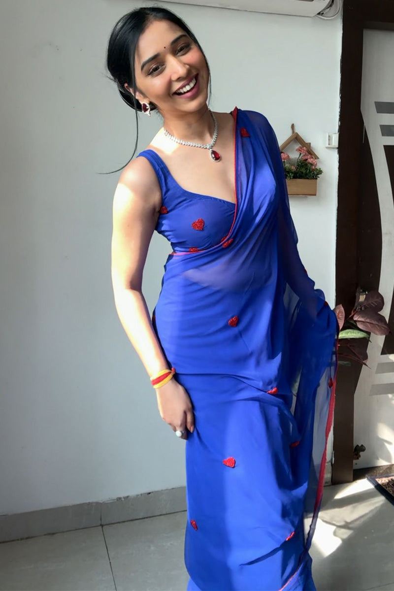 Whimsical 1-Minute Ready To Wear Blue Georgette Saree - thelotusfab