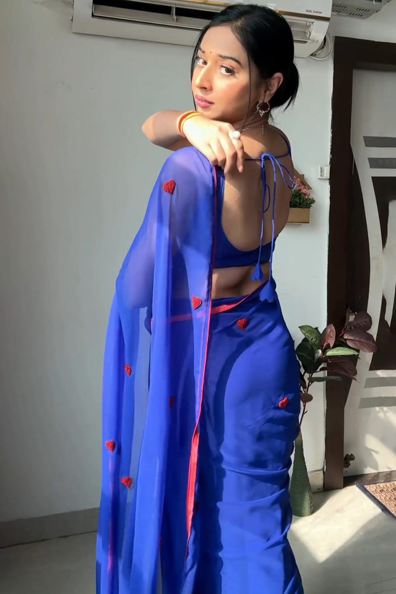 Whimsical 1-Minute Ready To Wear Blue Georgette Saree - thelotusfab