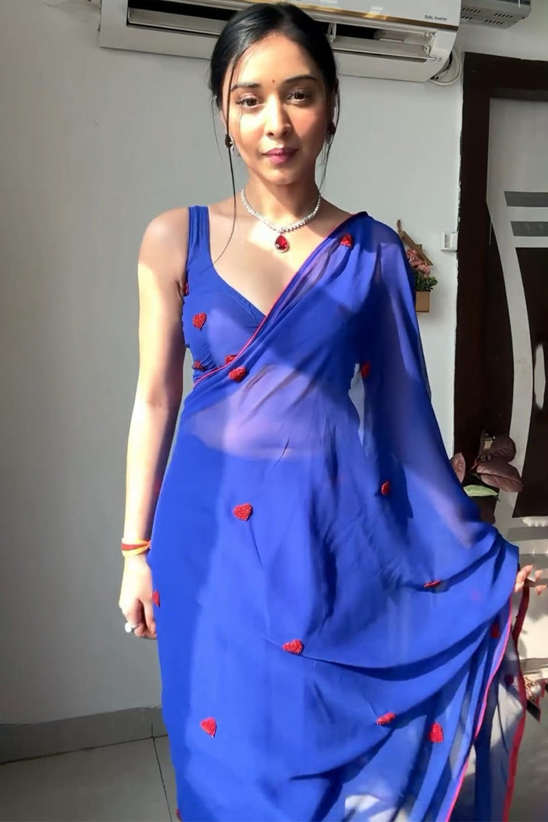 Whimsical 1-Minute Ready To Wear Blue Georgette Saree - thelotusfab