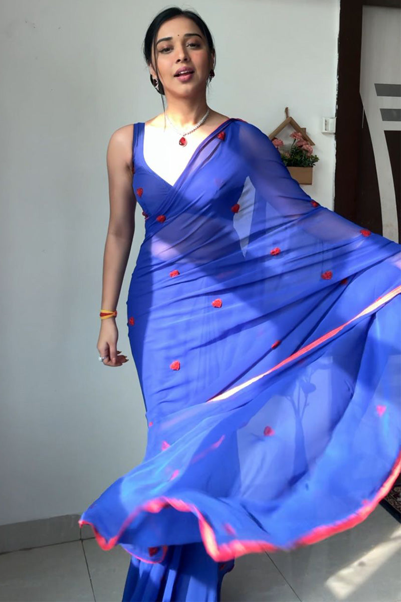 Whimsical 1-Minute Ready To Wear Blue Georgette Saree - thelotusfab