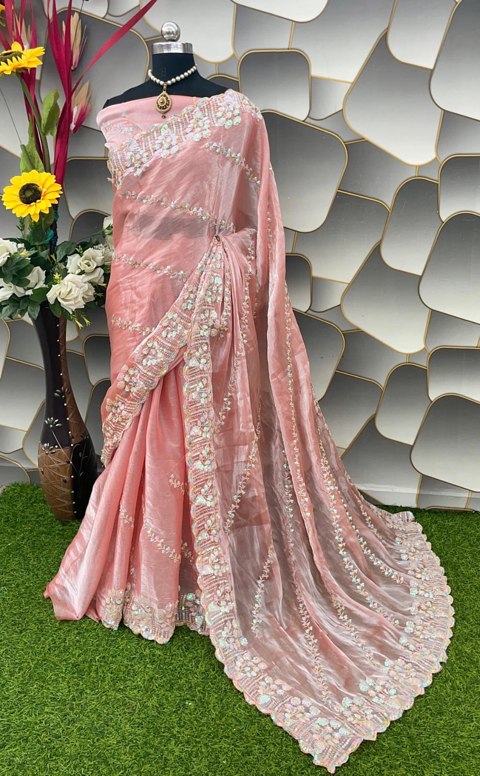 Beleaguer Peach Jimmy Choo Silk Saree With Exquisite Blouse Piece