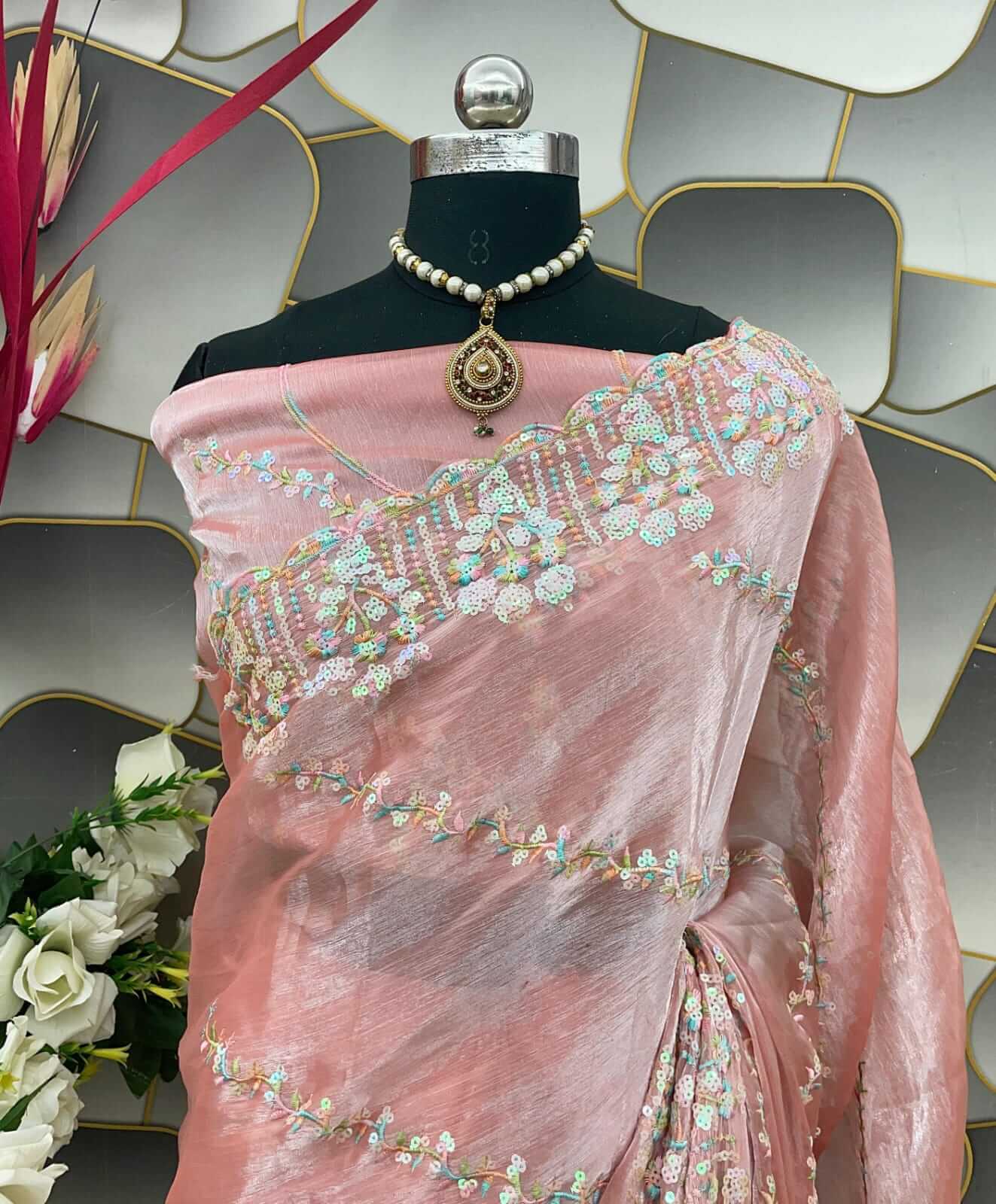 Beleaguer Peach Jimmy Choo Silk Saree With Exquisite Blouse Piece