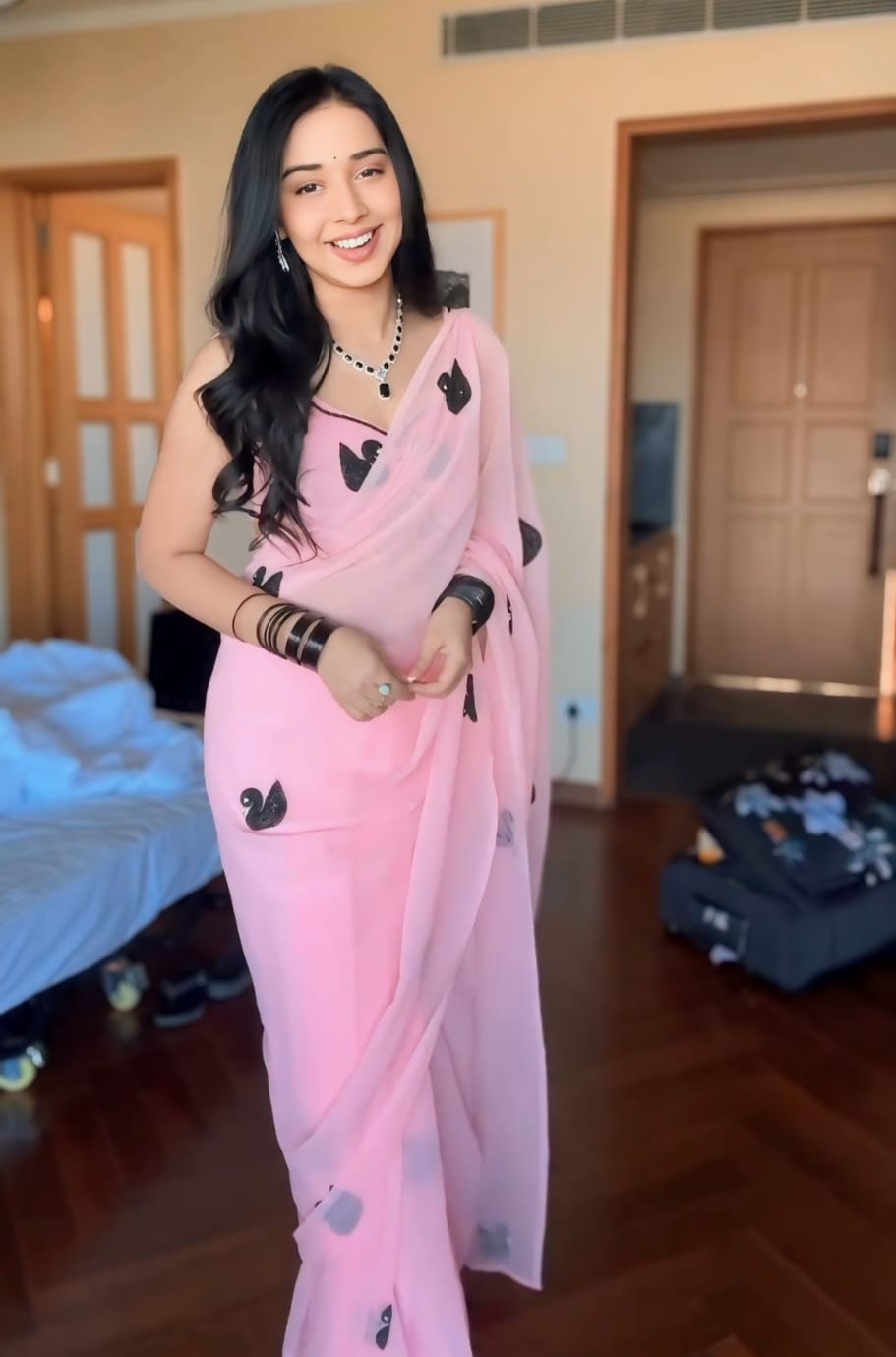 Ratatouille 1-Minute Ready To Wear Pink Georgette Saree