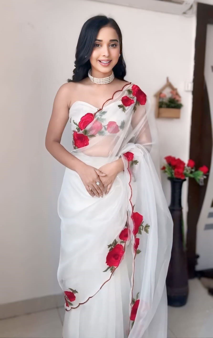 Pulsating 1-Minute Ready To Wear Off White Organza Silk Saree