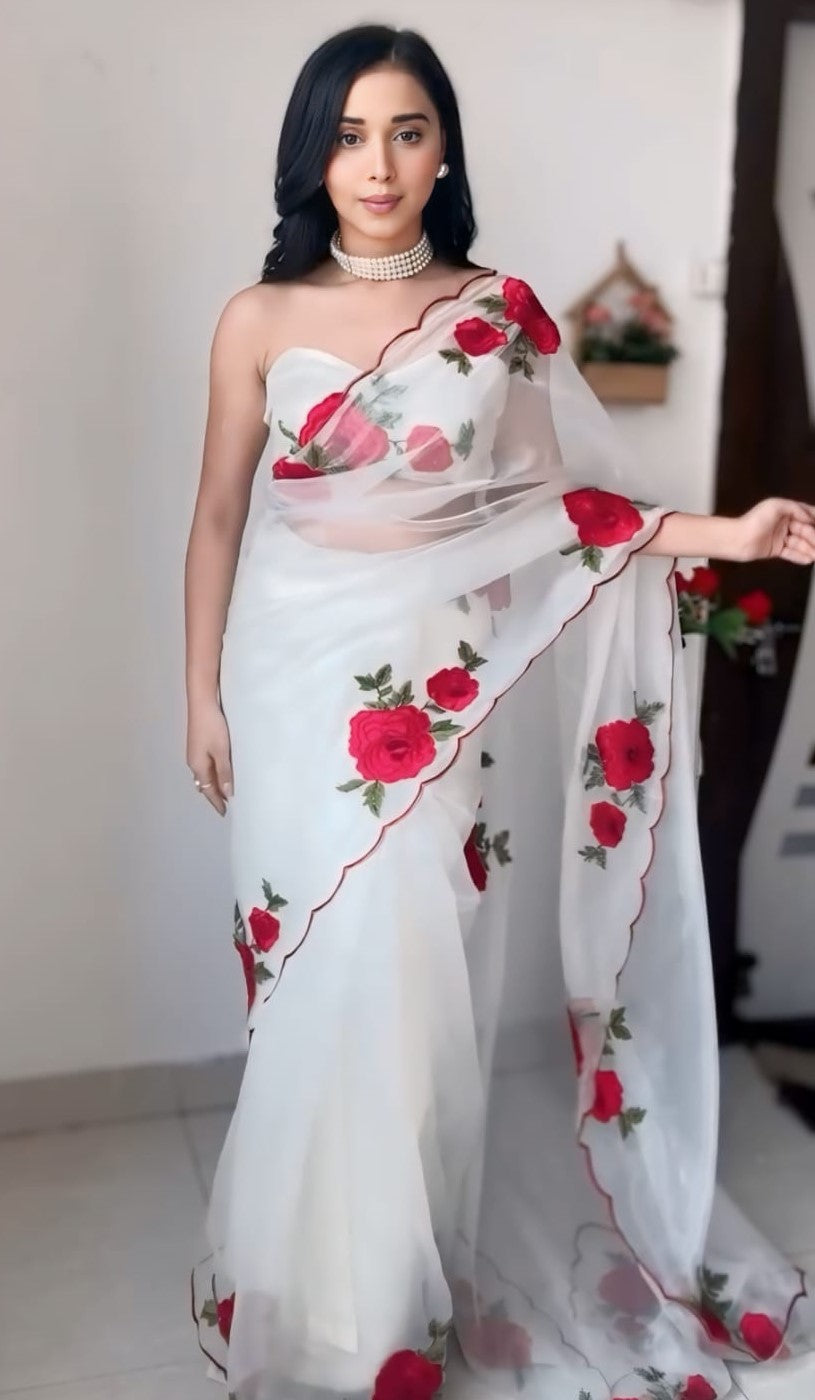 Pulsating 1-Minute Ready To Wear Off White Organza Silk Saree