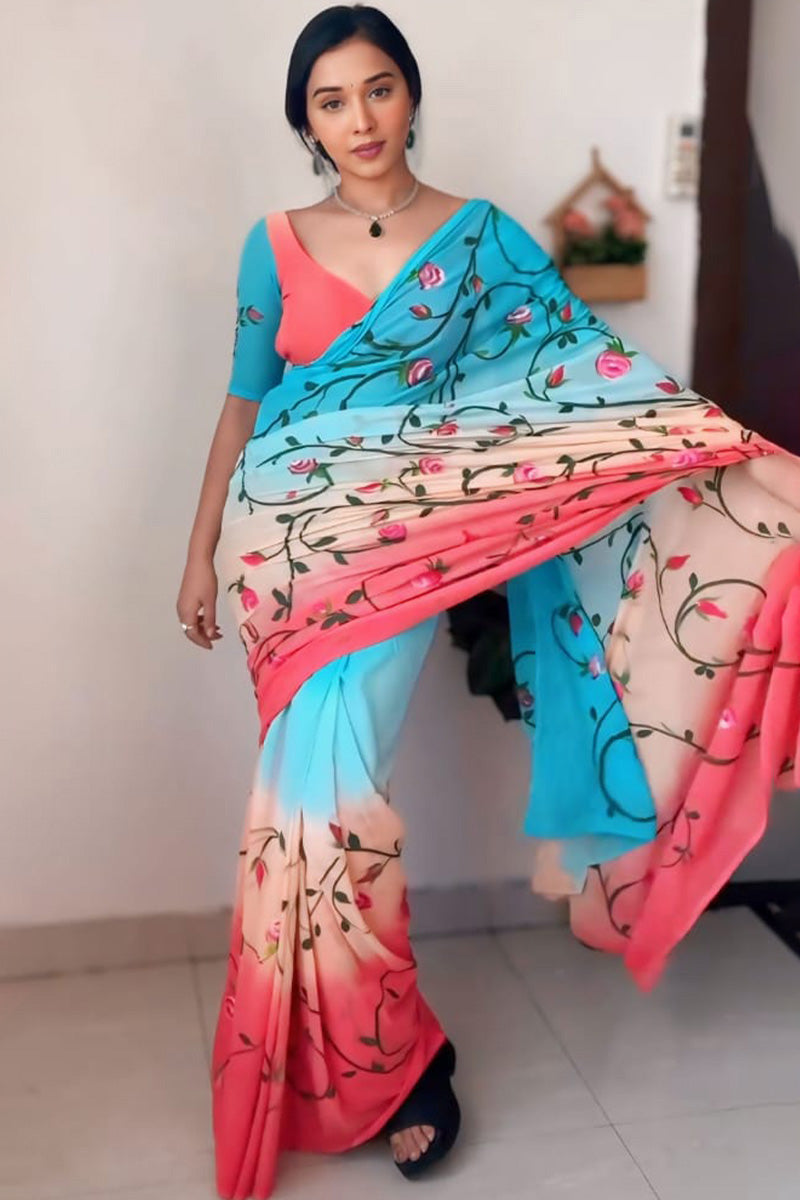 Enthralling 1-Minute Ready To Wear Firozi and Pink Georgette Saree