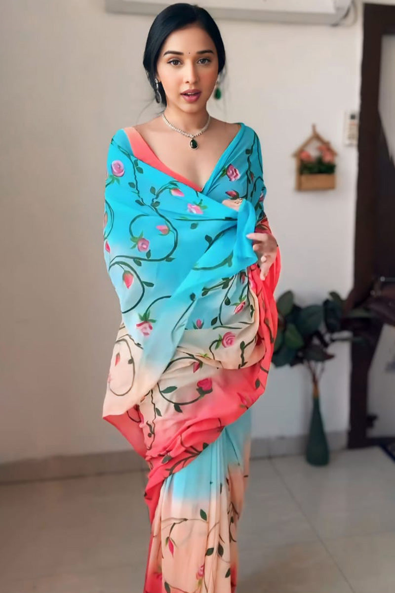 Enthralling 1-Minute Ready To Wear Firozi and Pink Georgette Saree