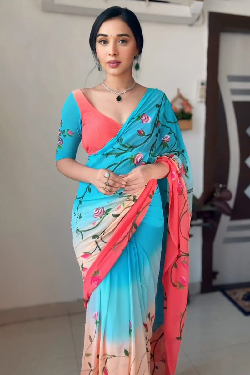 Enthralling 1-Minute Ready To Wear Firozi and Pink Georgette Saree