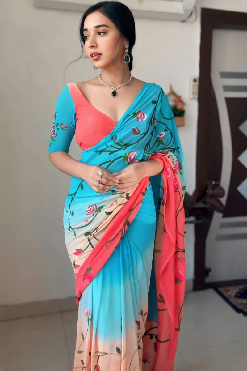 Enthralling 1-Minute Ready To Wear Firozi and Pink Georgette Saree