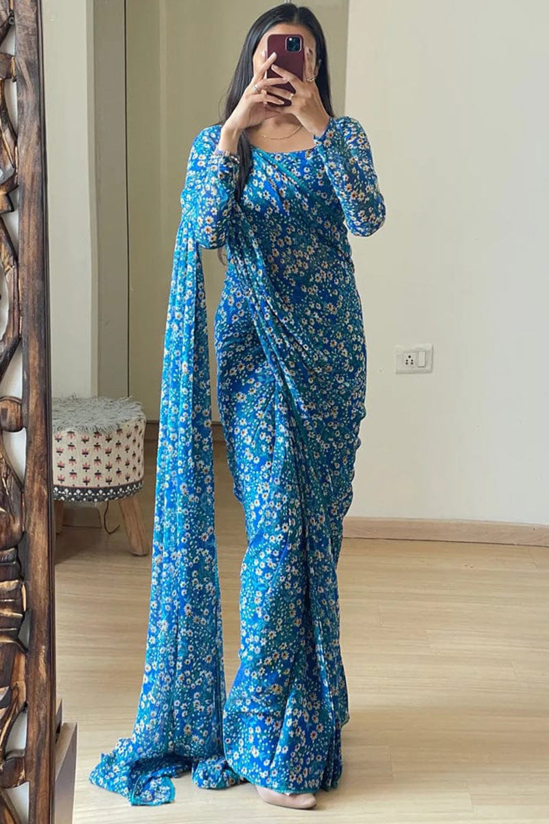 Gossamer 1-Minute Ready To Wear Blue Georgette Saree